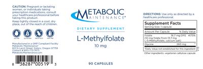 Photo of the Metabolic Maintenance L-Methylfolate 10 mg label
