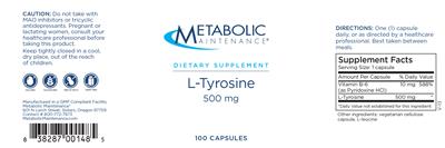 Photo of the Metabolic Maintenance L-Tyrosine 500 mg label