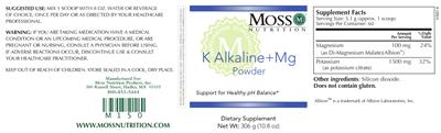 Photo of the Moss Nutrition K Alkaline + Mg Powder label