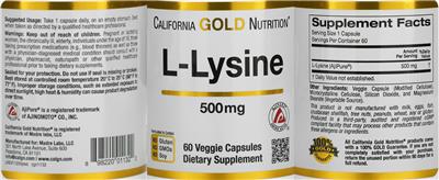 Photo of the California Gold Nutrition L-Lysine 500 mg label