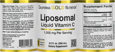 Photo of the California Gold Nutrition Liposomal Liquid Vitamin C 1,000 mg label