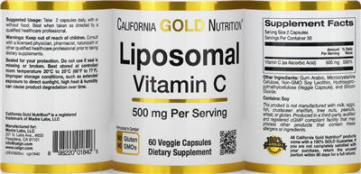 Photo of the California Gold Nutrition Liposomal Vitamin C 500 mg label