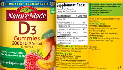 Product label for D3 Gummies 2000 IU (50 mcg)