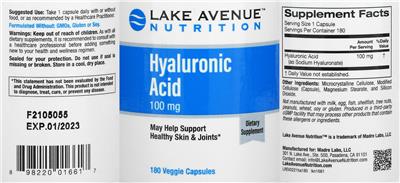 Photo of the Lake Avenue Nutrition Hyaluronic Acid 100 mg label