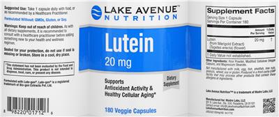 Photo of the Lake Avenue Nutrition Lutein 20 mg label