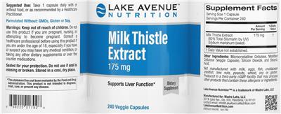 Photo of the Lake Avenue Nutrition Milk Thistle Extract 175 mg label