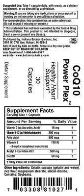 Photo of the Indiana Botanic Gardens CoQ10 Power Plex label