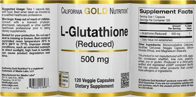 Photo of the California Gold Nutrition L-Glutathione (Reduced) 500 mg label