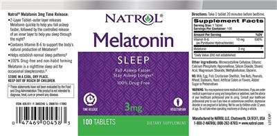 Photo of the Natrol Melatonin 3 mg Time Release label