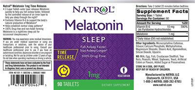 Photo of the Natrol Melatonin 1 mg Time Release label