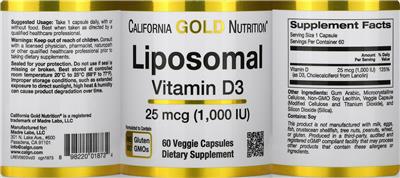 Photo of the California Gold Nutrition Liposomal Vitamin D3 25 mcg (1,000 IU) label