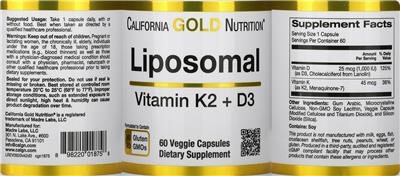 Photo of the California Gold Nutrition Liposomal Vitamin K2 + D3 label
