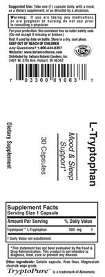 Photo of the Indiana Botanic Gardens L-Tryptophan label