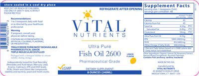 Photo of the Vital Nutrients Ultra Pure Fish Oil 2600 Lemon Flavor label