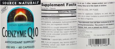 Photo of the Source Naturals Coenzyme Q10 200 mg label