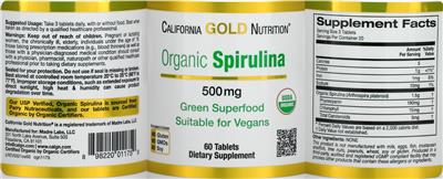 Photo of the California Gold Nutrition Organic Spirulina 500 mg label
