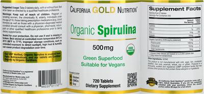 Photo of the California Gold Nutrition Organic Spirulina 500 mg label
