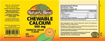 Photo of the Nature's Blend Chewable Calcium 500 mg Bavarian Cream Flavor label