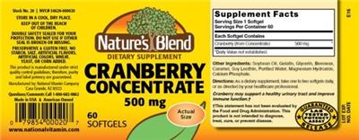Photo of the Nature's Blend Cranberry Concentrate 500 mg label