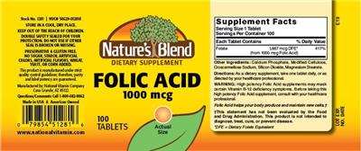 Photo of the Nature's Blend Folic Acid 1000 mcg label