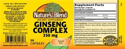 Photo of the Nature's Blend Ginseng Complex 250 mg label