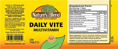 Photo of the Nature's Blend Daily Vite Multivitamin label