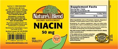 Photo of the Nature's Blend Niacin 50 mg label