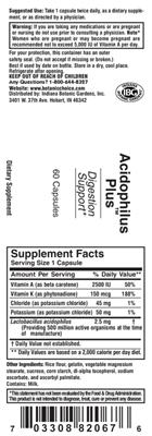 Photo of the Indiana Botanic Gardens Acidophilus Plus label