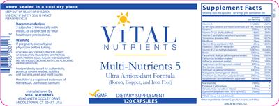 Photo of the Vital Nutrients Multi-Nutrients 5 (Boron, Copper, and Iron Free) label