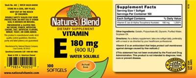 Photo of the Nature's Blend Vitamin E 180 mg (400 IU) Water Soluble label