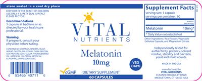 Photo of the Vital Nutrients Melatonin 10 mg label