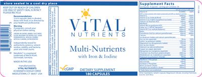 Photo of the Vital Nutrients Multi-Nutrients with Iron & Iodine label