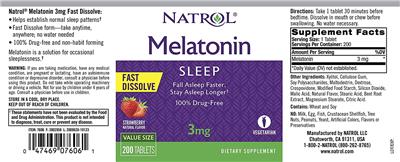 Photo of the Natrol Melatonin 3 mg Strawberry label