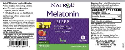 Photo of the Natrol Melatonin 1 mg Strawberry label