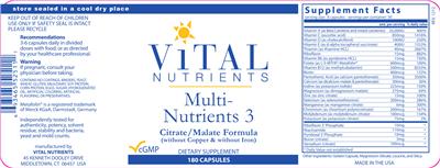 Photo of the Vital Nutrients Multi-Nutrients 3 (without Copper & without Iron) label