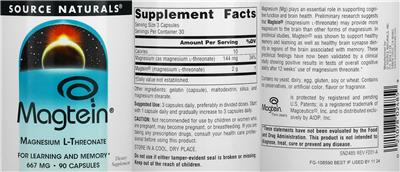 Photo of the Source Naturals Magtein Magnesium L-Threonate 667 mg label