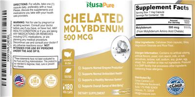 Photo of the NusaPure Chelated Molybdenum 500 mcg label