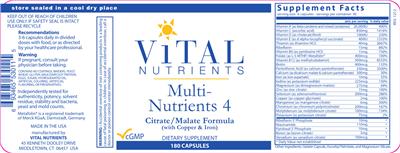 Photo of the Vital Nutrients Multi-Nutrients 4 (with Copper & Iron) label