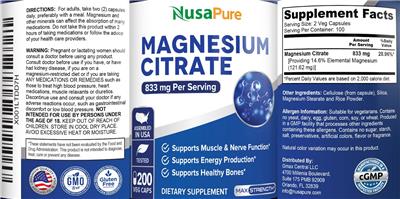 Photo of the NusaPure Magnesium Citrate 833 mg label