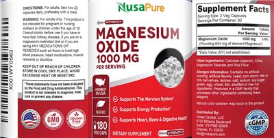 Photo of the NusaPure Magnesium Oxide 1000 mg label