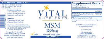 Photo of the Vital Nutrients MSM 1000 mg label
