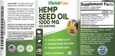 Photo of the NusaPure Hemp Seed Oil 1000 mg label