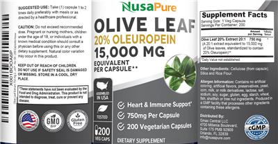 Photo of the NusaPure Olive Leaf 750 mg label