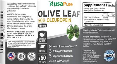 Photo of the NusaPure Olive Leaf 750 mg label