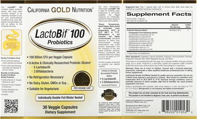 Photo of the California Gold Nutrition LactoBif 100 Probiotics 100 Billion CFU label