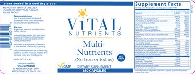 Photo of the Vital Nutrients Multi-Nutrients (No Iron or Iodine) label
