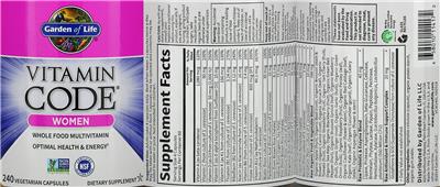 Photo of the Garden of Life Vitamin Code Women label