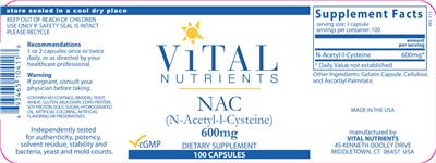Photo of the Vital Nutrients NAC (N-Acetyl-l-Cysteine) 600 mg label