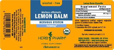 Photo of the Herb Pharm Lemon Balm Alcohol Free label