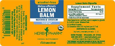 Photo of the Herb Pharm Lemon Balm Alcohol-Free label